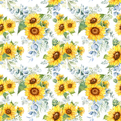Fototapeta na wymiar Watercolor Sunflower Background, Sunflower Seamless pattern with Hand Painted Watercolor Sunflowers and Greenery on white background