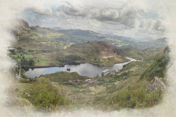 Digital watercolor painting of Tanygrisiau reservoir.