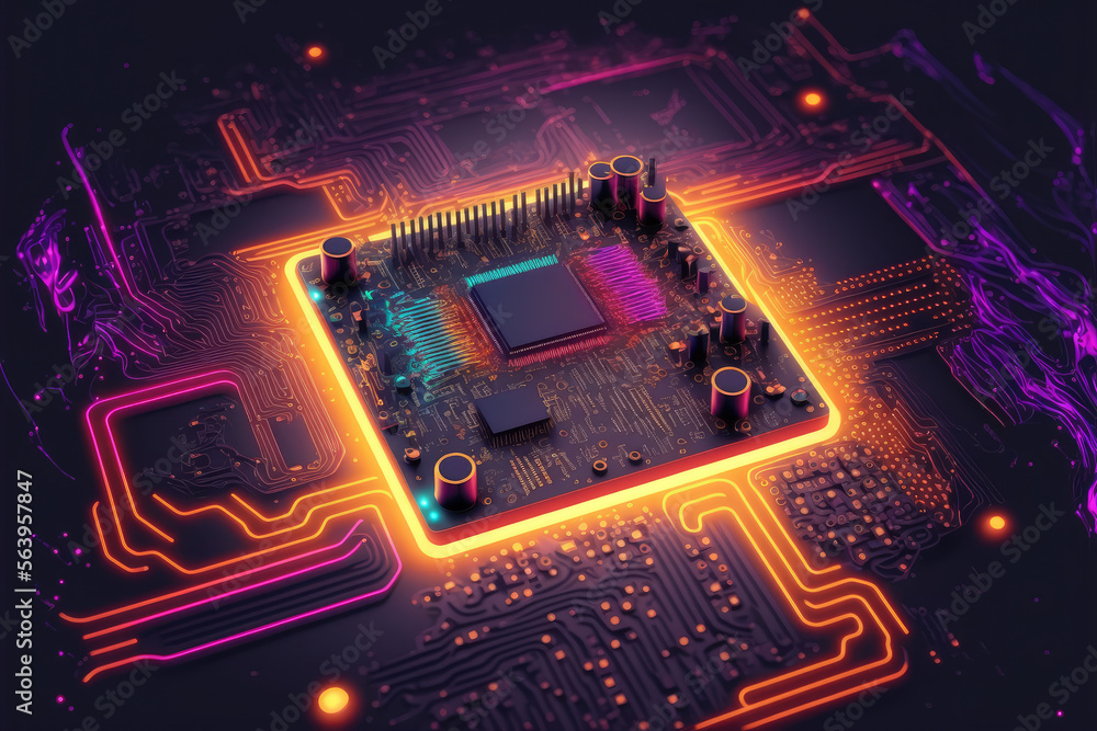 Aufkleber computer microchip semiconductor on motherboard futuristic cyber neon lighting. peculiar ai generati