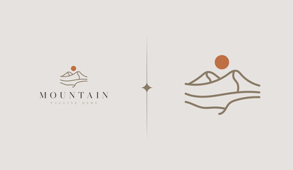Fototapeta premium Mountain and Sun Rays, Mount Peak Hill Nature Landscape view for Adventure Outdoor logo template