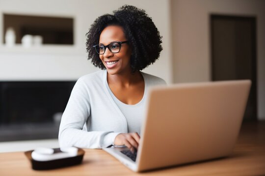 Candid Portrait Of An African American Female Woman Working From Home Office Using A Laptop Computer, On A Video Call, Generative Ai