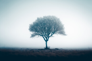 Fototapeta na wymiar A minimalistic photograph of a tree standing in a misty landscape, with the fog