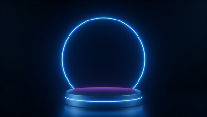 Neon podium in dark room with neon circle and outline - 3D Illustration