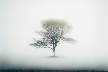 A minimalistic photograph of a tree standing in a misty landscape, with the fog