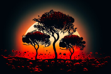 A silhouette of three trees in a field of poppies, with the morning sun casting a warm light