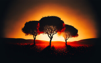 A silhouette of three trees in a field of poppies, with the morning sun casting a warm light