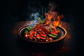 A sizzling plate of meat cooked over an open flame on a grill, the aroma of the charring meat