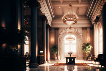 Fototapeta premium An image of a luxurious and spacious office lobby, with marble flooring