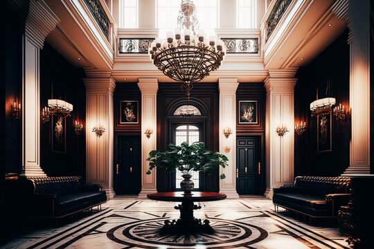 An image of a luxurious and spacious office lobby, with marble flooring