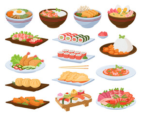 Cartoon asian food dishes. Japanese seafood, traditional asian cuisine, ramen soup, salmon, rice and tempura on plates flat vector illustration set. Tasty oriental seafood dish collection