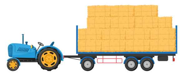 Cartoon agricultural haycock. Tractor with trailer full of hay, rural dried haystack in trailer, fodder straw flat symbols illustration on white background © GreenSkyStudio