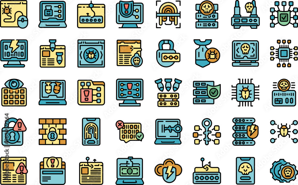 Poster hacker attack icons set outline vector. fraud attack. criminal cyber color line flat isolated on whi