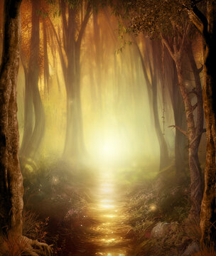Beautiful enchanting foot path through a fairy tale Autumn woodland leading to a bright light