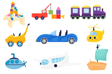 Fototapeta premium Illustration of kids toys, play with cubes, cars, airplane, helicopter, submarine, ship, clipart illustrations for kids. Cute clipart for baby shower or print for invitations, greeting cards, posters,