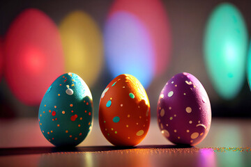 Shiny glossy Easter Eggs close-up with defocused background and copy space.
Digitally generated AI image