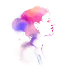 Illustration of woman silhouette plus abstract watercolor.  Fashion logo. Digital art painting.
