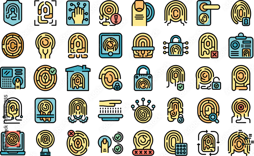 Poster fingerprinting icons set outline vector. print thumb. finger imprint color line flat isolated on whi
