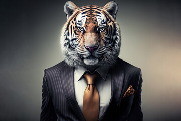 Portrait of a Tiger dressed in an elegant business suit, generative ai