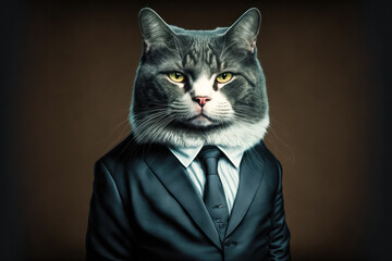 Portrait of a Cat dressed in an elegant business suit, generative ai
