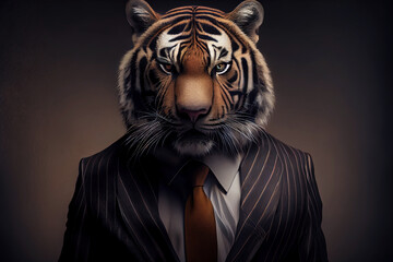 Portrait of a tiger in elegant business suit outfit. Serious boss concept.  
Digitally generated AI image.