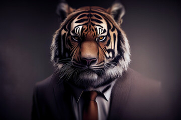 Portrait of a tiger in elegant business suit outfit. Serious boss concept.  
Digitally generated AI image.