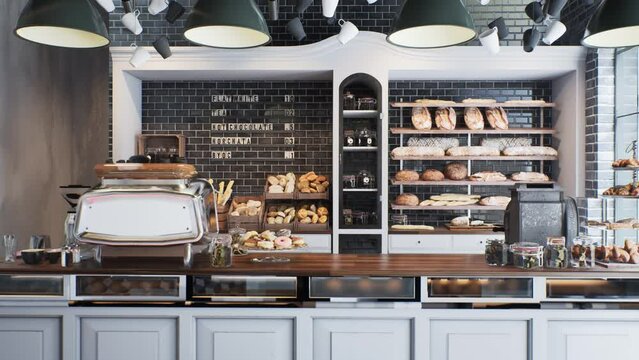 Real Food and Coffee Bakery, Bread, Croissants, Donuts 3D Animations Rendering CGI 4K