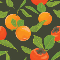 Seamless pattern with tangerines, persimmons and green leaves