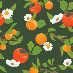 Seamless pattern with tangerines, persimmons and flowers