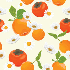 Seamless pattern with tangerines, persimmons and flowers