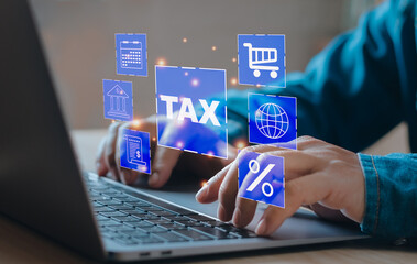 Man typing on computer showing income or expenditure to fill out personal income tax payment form to the government ,financial or income concept to calculate taxes online