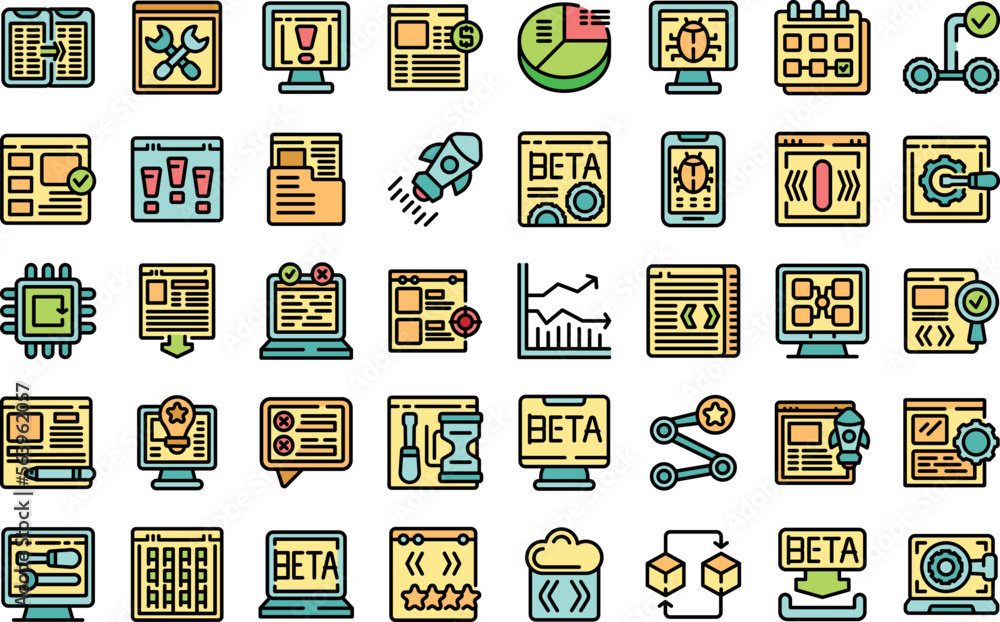 Poster beta version icons set outline vector. build bug. code app color line flat isolated on white