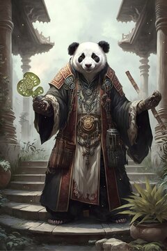 a Panda serving in the role of a Healer in a Fantasy Massively Multiplayer Online Role-Playing Game Fantasy, generative ai, Healer, Mythic, Mystical