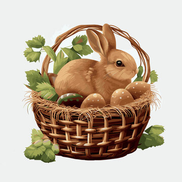 Festive basket with cute rabbit and easter orthodox eggs on a light background - Vector