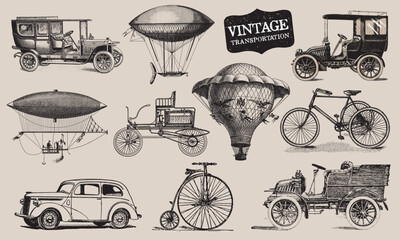 Vintage Transportation. Passenger Aircraft. Retro Car and Bicycle. Balloon, Dirigible or Zeppelin, Airplane. Line Drawing. Engraving Old Airship. Travel Journey Concept. 