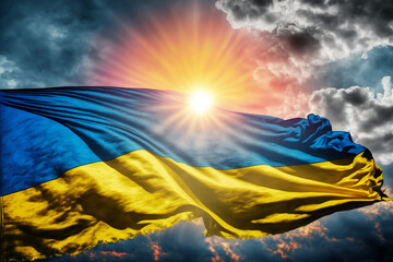 Ukraine Flag Flying, Sunlight, Power and Hope. Post-produced Generative AI digital illustration