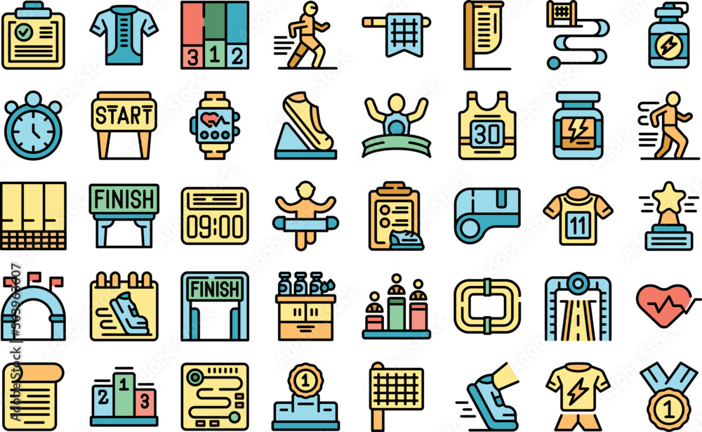 Poster running marathon icons set outline vector. run people. man activity color line flat isolated on whit