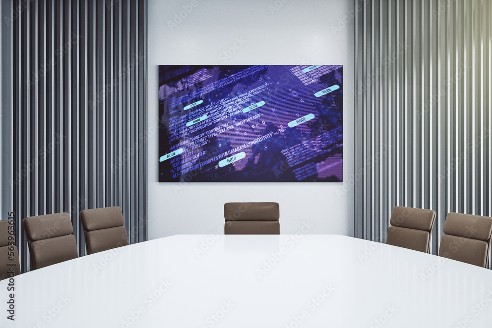 Poster abstract creative coding sketch and world map on presentation screen in a modern conference room, ar