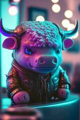 An anthropomorphic 3D chibi vaporwave bull is depicted in generative ai photorealistic portraiture.