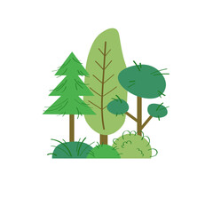 Fototapeta premium Hand drawn forest trees collection isolated on white background. Save the planet, bio farming, ecology. Woodland plants, bush,fir-tree.Botanical garden vector . Green nature flat elements