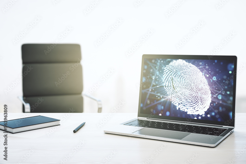 Poster abstract creative fingerprint concept on modern laptop screen. 3d rendering