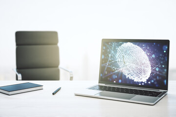 Abstract creative fingerprint concept on modern laptop screen. 3D Rendering