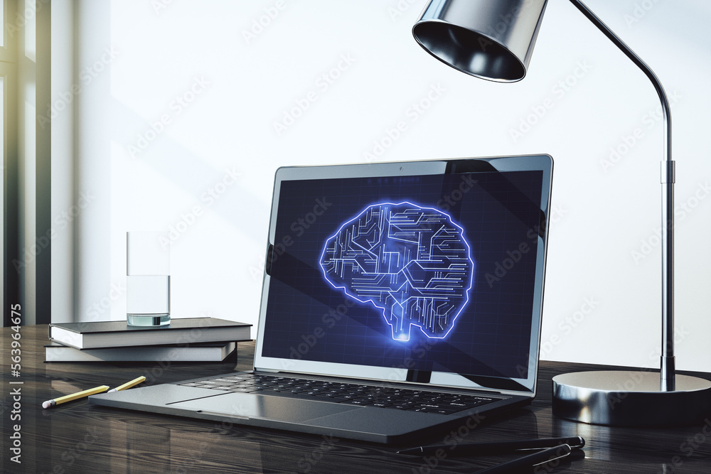 Poster modern computer monitor with creative artificial intelligence symbol. neural networks and machine le