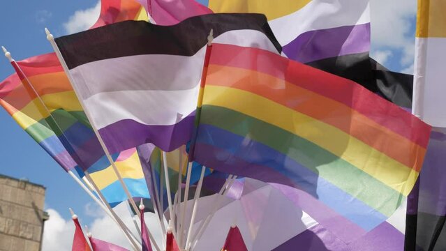 Small rainbow pride flags, symbols of LGBT lesbian, gay, bisexual, and transgender love. Mini hand held flag sticks, fluttering in the wind. Pride Parade, Equality march.