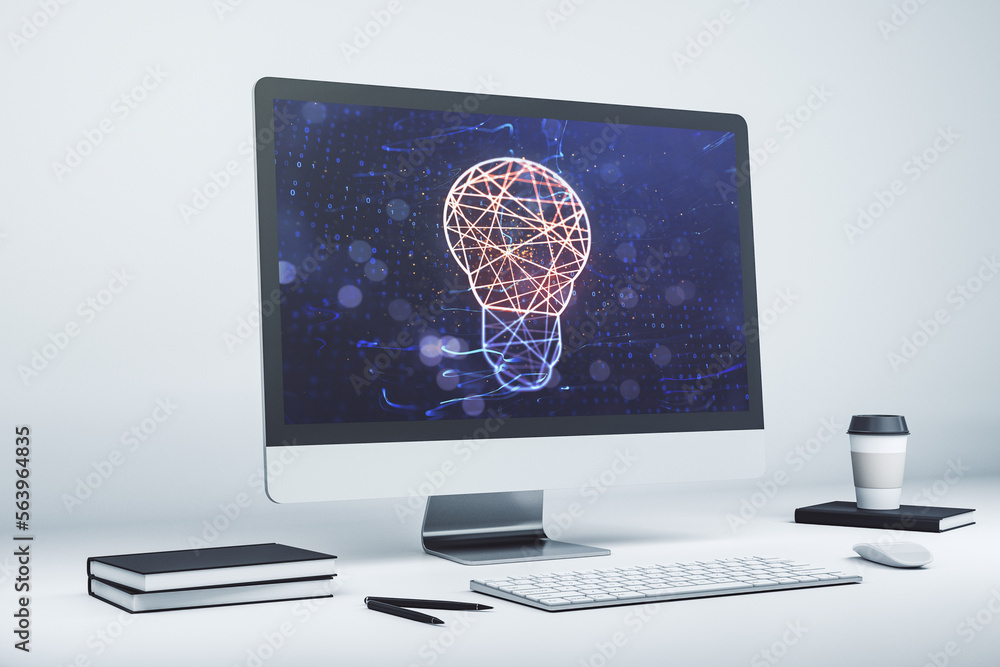 Poster modern computer monitor with creative light bulb hologram, research and development concept. 3d rend