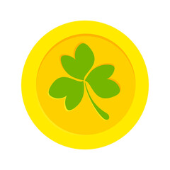 Irish gold coin with shamrock on St. Patrick Day. Traditional shamrock leaf on money symbol. Irish coin icon for Saint Patrick's Day. Decorative financial element for Ireland invitation or postcard.