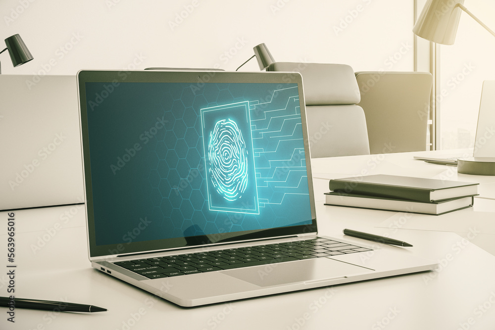 Poster Abstract creative fingerprint hologram on modern computer monitor, protection of personal information concept. 3D Rendering