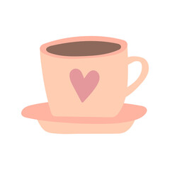 Valentine's day illustration cup of hot cocoa decorative element. Romantic love icon in flat style.Vector illustration, isolated on white background. Valentines Day cute cup of coffe with heart on it.