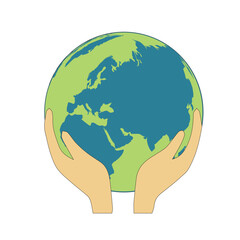 hand with earth, people of the world holding the globe, flat vector sticker, poster, etc