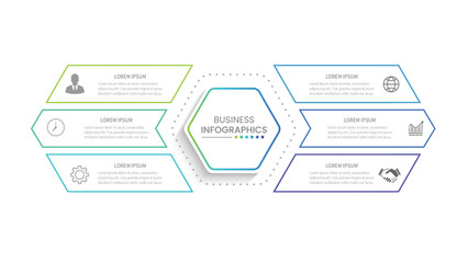 Modern infographic template. Creative circle element design with marketing icons. Business concept with 6 options, steps, sections.
