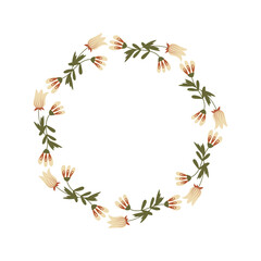 Flower wreath, spring decorative border for photo or for text. Women's day, mother's day festive natural frame. Floral round frame. Decorative element for Easter postcard or folk wedding invitation.